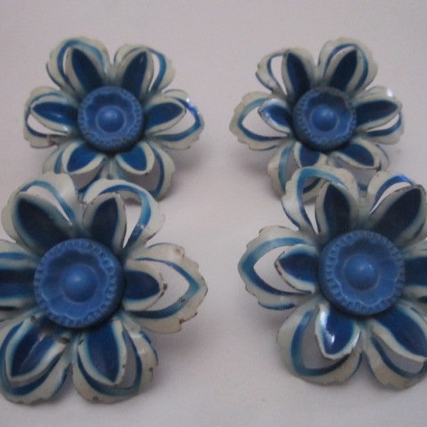 Vintage 1930s/40s Set of 4 Metal Blue Floral Curtain Tie Back Holder Tacks Lot No.2