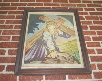 Antique 19c Large Exquisite Framed Wool Needlepoint of Christ Carrying Cross