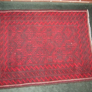 Vintage 38x29 Beautiful Hand Knotted Geometric Oriental Red and Black Wool Rug