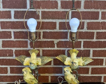Vintage PAIR of Matching 1940s/50s Porcelain Yellow Cockatiel Bird Figurine Lamps