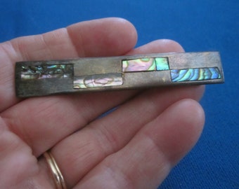 Vintage Taxco Mexican Sterling Silver Abalone Mid Century Tie Bar Clasp
