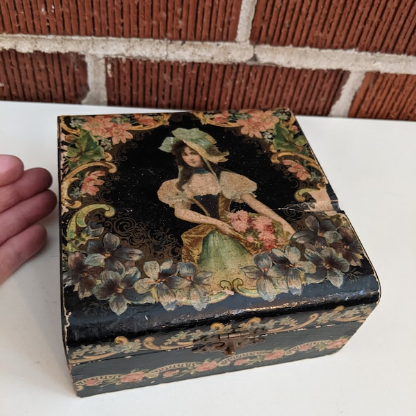 Antique Colorful Woman Wood Dresser Keepsake Box