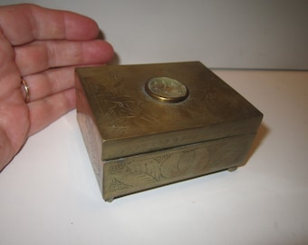 Vintage Chinese Export Brass Trinket Box with Carved Jade Medallion