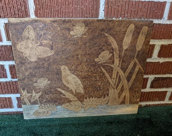 Vintage 17x14 Pyrography Wood Panel with Pond Bird and Butterfly Design