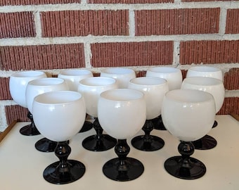 Vintage 1960s/70s Mod Morgantown Glass Ebony and White Stemware Set of 12 Wine Goblets