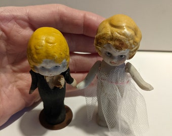 Vintage 1920s/30s Little Strung Bisque Flapper Bride and Groom Doll Set Made in Japan