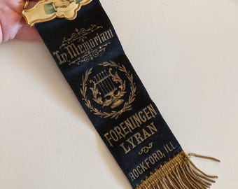 Antique 19c Fraternal Memorial Rockford  Illinois Ribbon Badge with Celluloid Handshake Pin
