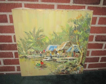 Vintage 1970s Modernist Tropical Village Beach Scene Signed and Dated Oil Painting