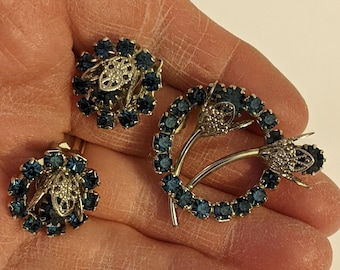 Vintage 1960s Modern Silvertone Blue Rhinestone Floral Brooch with Matching Clip on Earrings