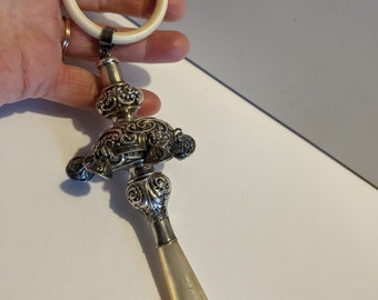 Antique Victorian Sterling Silver and Mother of Pearl Baby Rattle with Teether as found
