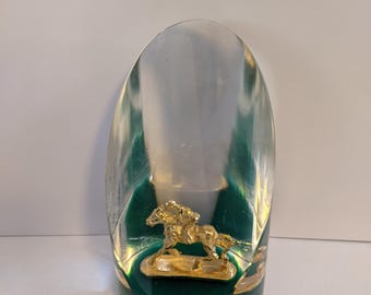 Vintage Lucite Paperweight with Encased  Race Horse