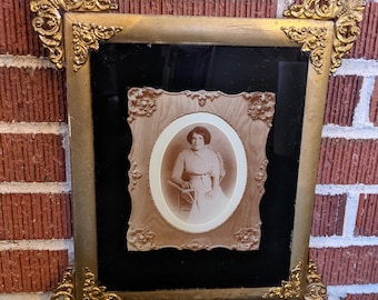 Antique Ornate Metal and Black Reverse Paint Hanging Frame with Old Portrait