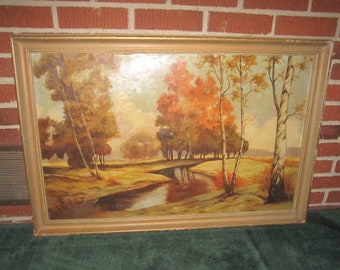 Vintage 1940s Original Framed Large Plein Aire Landscape Signed Oil Painting