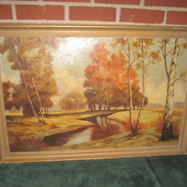 Vintage 1940s Original Framed Large Plein Aire Landscape Signed Oil Painting