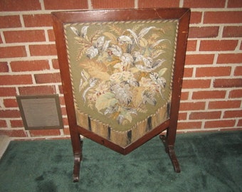 Antique 19c Beaded Victorian Needlepoint Panel Framed Firescreen