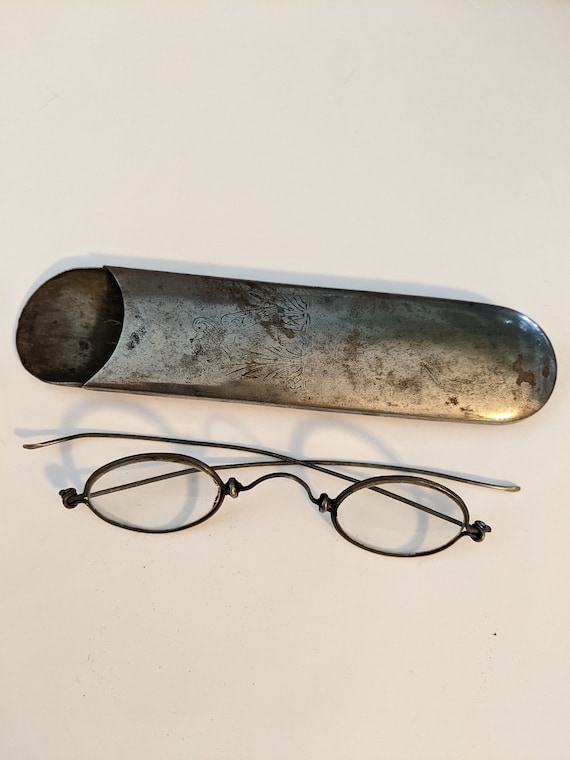 Antique Wire Rim Eyeglasses and Metal Case with E… - image 1