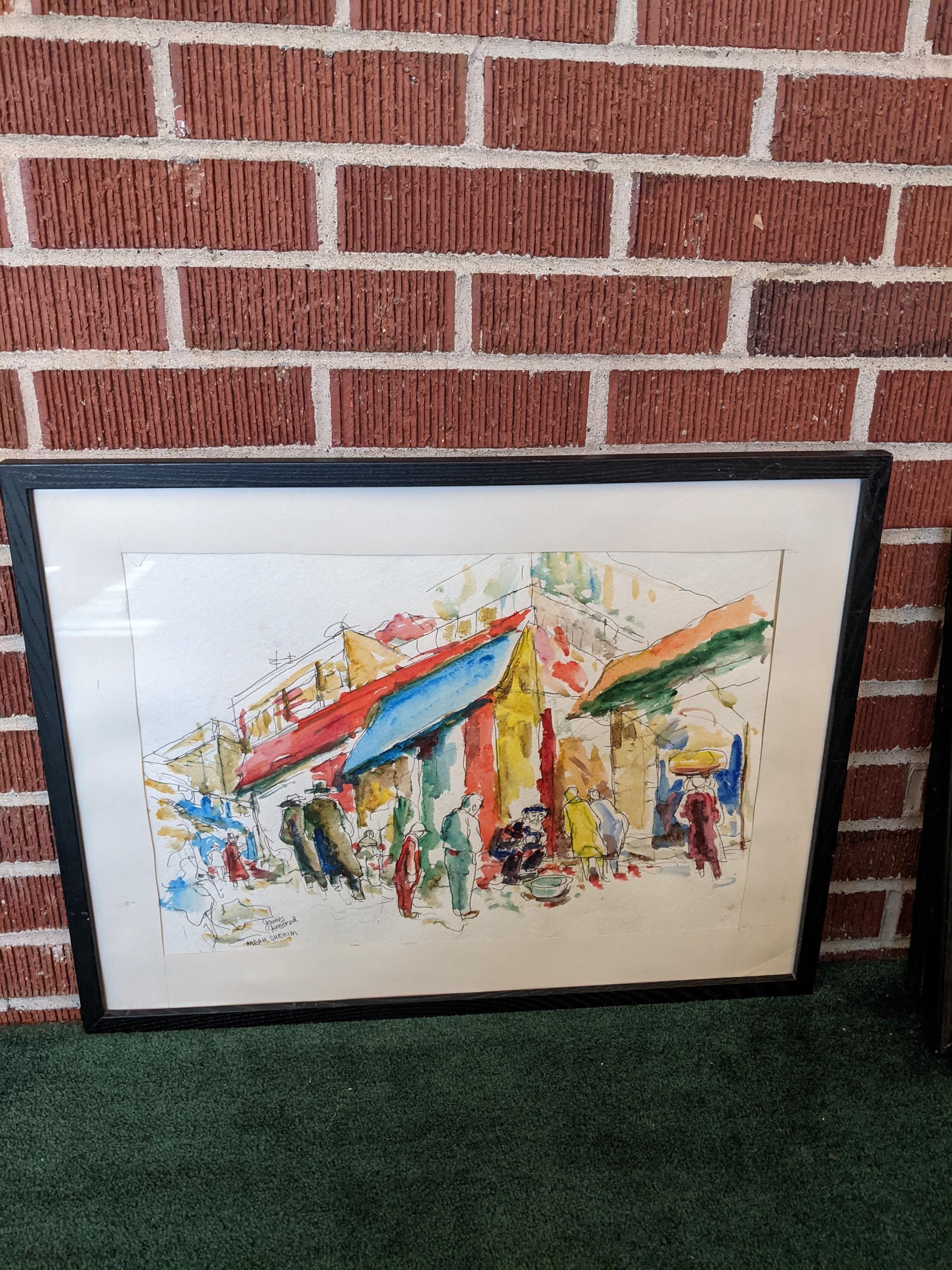 Vintage Mid Century Modern Signed Framed Original Watercolor Painting of Jerusalem Neighborhood Titled MEA SHERIM