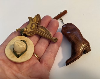 Vintage 1940s Brooch Lot of 2 Celluloid and Wood Western Saddle Cowboy Hat and Boots Pins