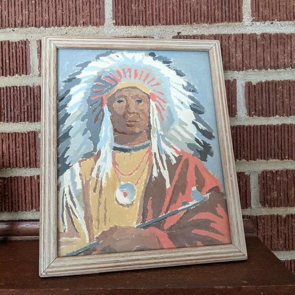 Vintage Mid Century Paint by Number Native American Indian Small Framed Standing Painting