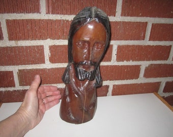 Vintage Figural Jesus Bust Folk Art Wood Carving Sculpture as found