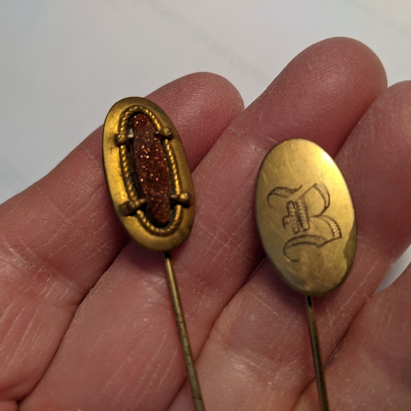 Antique Lot of Two Edwardian Goldstone and B Monogram Lapel Stick Cravat Pins