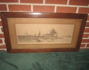 Antique c1900 Arts & Crafts Era Oak Hanging Picture Frame with Worn Old 27x13 Etching Under Glass