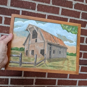 Vintage 1940s Folk Art Bas Relief Wood Carving Panel of Old Barn Signed and Dated