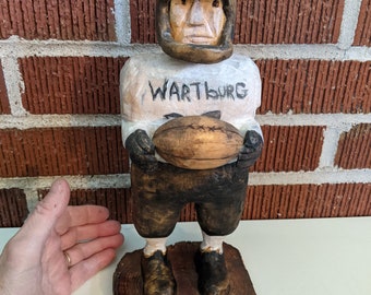 Vintage Folk Art Wartburg College Knights Signed and Dated Wood Carving Football Player Sculpture