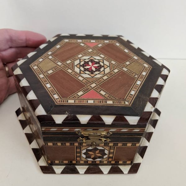 Vintage Wood and Bone Mosaic Inlay Hexagonal Keepsake Box