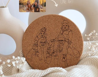 Photo Cork Trivet | Personalized with Photo | Photo as Line Art | Gift Idea for Grandma and Grandpa for Christmas | Family Photo