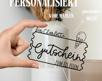 May include: A black and white printable gift certificate template with the text "Gutschein zum Eis Essen" and a space to add a name and a design. The template is designed to be personalized with a name and a design.