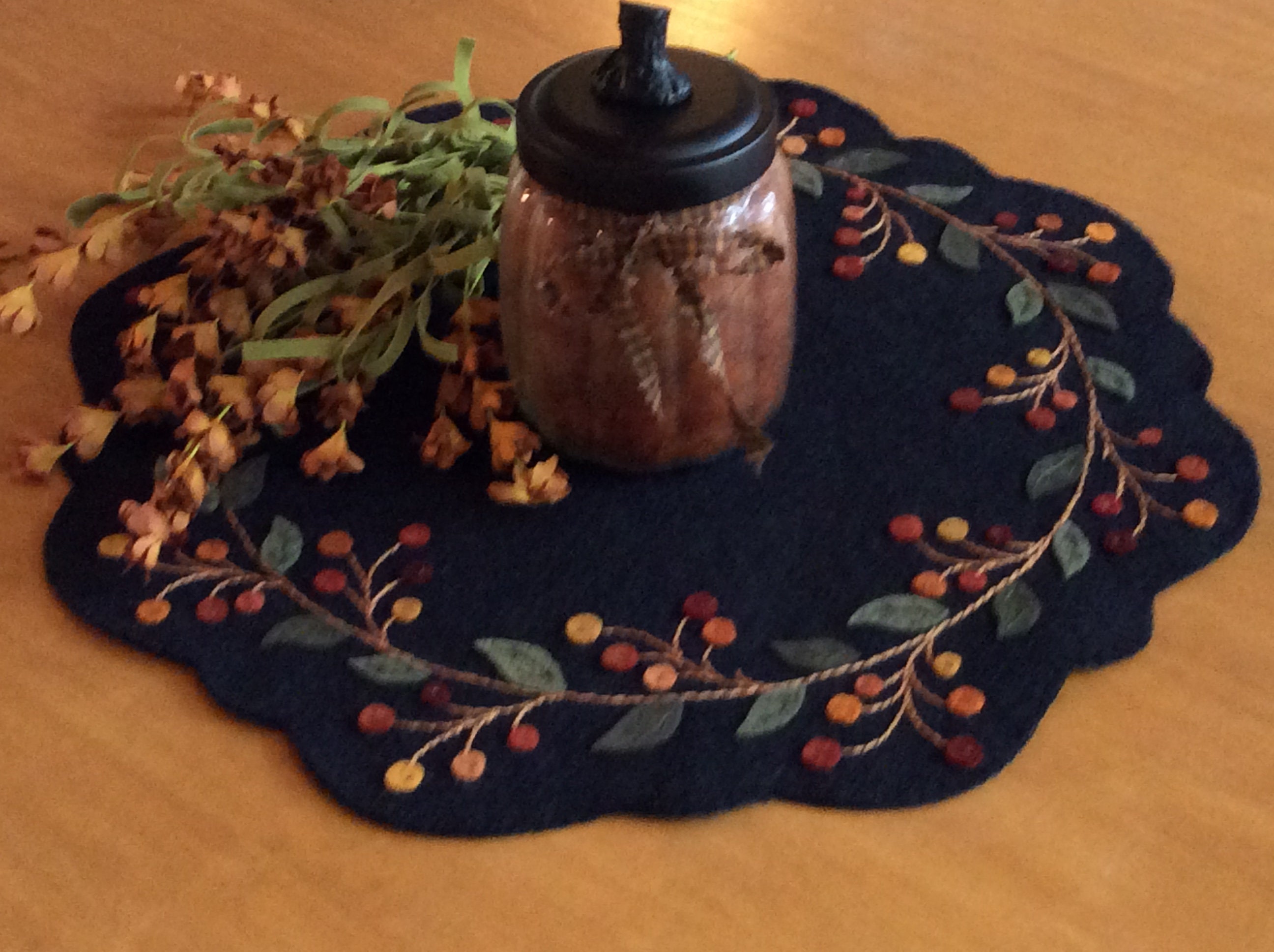 Bittersweet/Winterberry Candle Mat/ Hand Stitched /Holiday Table Cent…