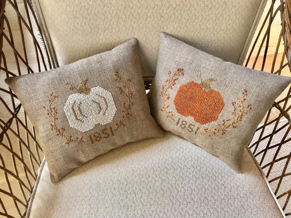 Autumn Pumpkin Pillow/ Hand Cross Stitched / Fall Mantle Decor