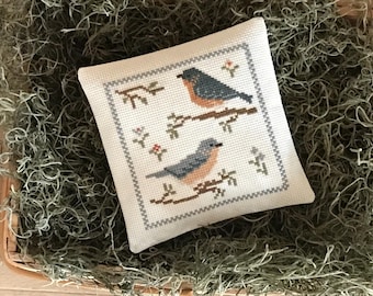 Hand-stitched Lavender Sachet / Bluebirds Cross Stitch Pin Cushion – Fresh Lavender Buds