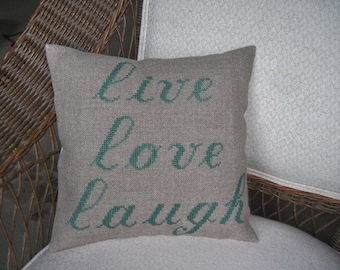 Cottage Chic Linen Burlap Accent Pillow "LIVE,LOVE,LAUGH"