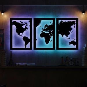 LED World Map Metal Wall Art - 3 Panel Backlit Travel Decor & Office Gift