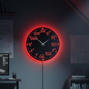Op de afbeelding: Een zwarte, ronde wandklok met rode LED-achtergrondverlichting. De wijzerplaat heeft wiskundige symbolen in plaats van cijfers. De wijzers zijn zwart en de klok is aan een grijze muur bevestigd. Een zwarte stroomkabel hangt naar beneden.