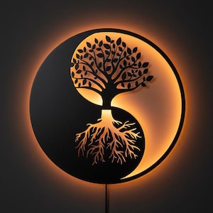 Yin-Yang-Wandbild, Lebensbaum-Metalldekor mit LED-Beleuchtung