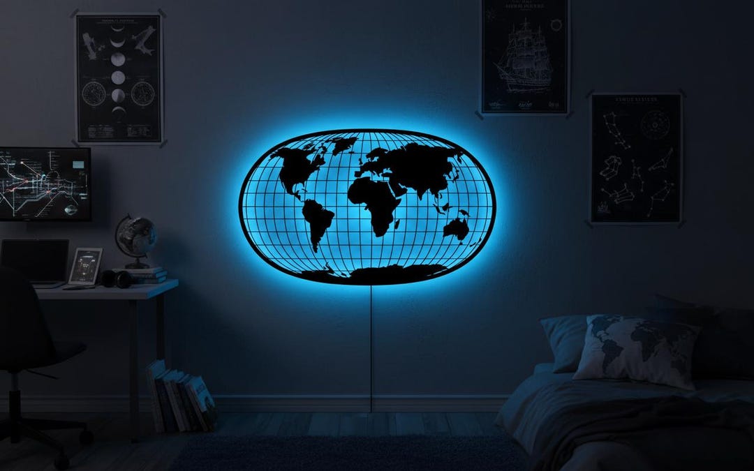 LED Metal World Map Wall Art - Backlit Home Decor - Unique Traveler ...