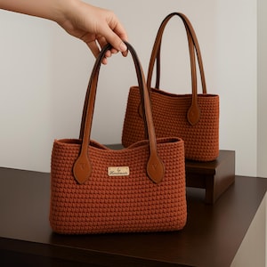 Handmade Crochet Shoulder Bag – Brick Red Tote with Leather Handles