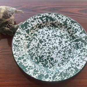 May include: A white enamel dinner plate with a green and white speckled pattern. The plate has a black rim.