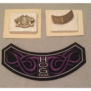 May include: A black and purple Harley Davidson HOG chapter patch with the year 2004 embroidered on it. Two gold metal pins are included, one with the Harley Davidson logo and the other with a Harley Davidson design.