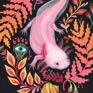 Pink axolotl wall art print framed or unframed
