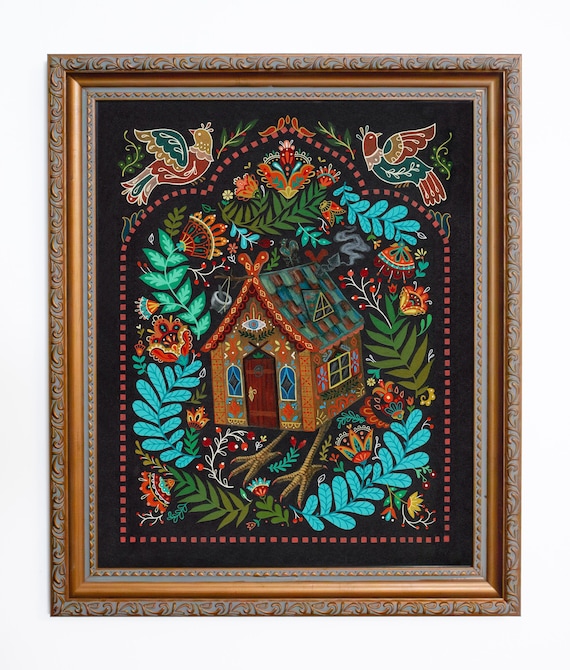 Baba Yaga framed folk art print wall decor