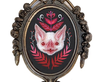 Pink Bat Art Print: Gothic Wall Decor in Vintage Oval Frame