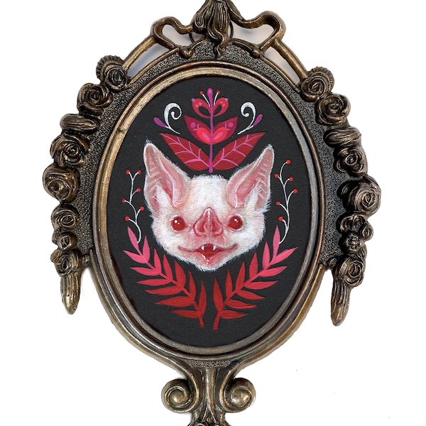 Pink Bat Art Print: Gothic Wall Decor in Vintage Oval Frame
