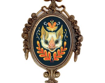 Gold Bat Art Print: Gothic Wall Decor in Vintage Oval Frame