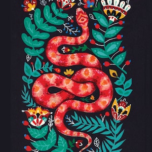 May include: A red snake with orange and white spots is curled up in a circle surrounded by green leaves and colourful flowers. The flowers have yellow, red, white, and blue petals.
