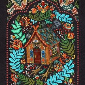 May include: A colorful illustration of a whimsical house with a patterned roof, surrounded by vibrant flowers, leaves, and birds. The house has an eye symbol above the door and a chimney with smoke. The artwork is framed by a dotted border on a black background.