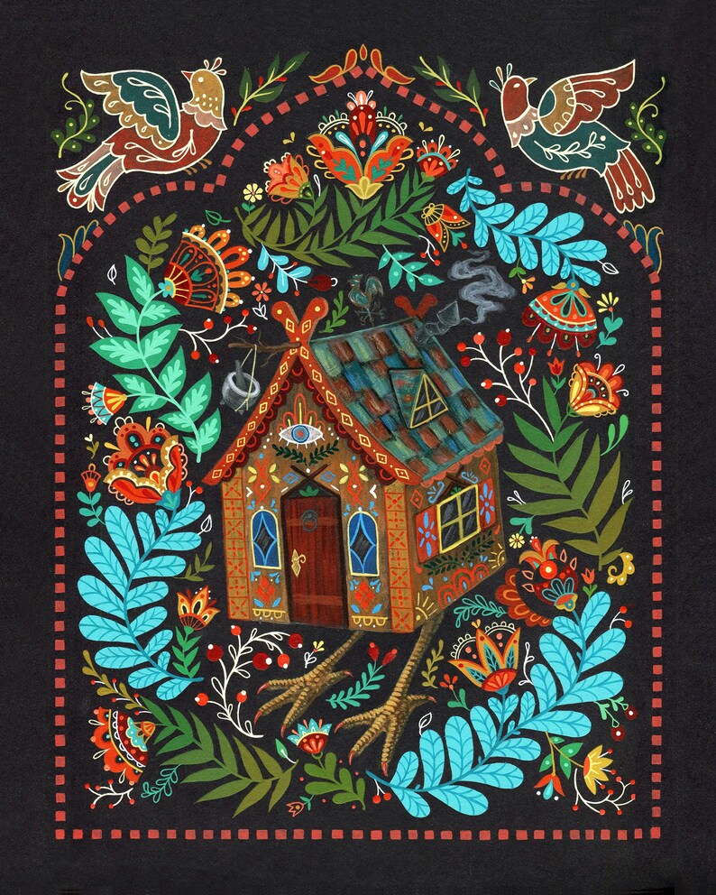 May include: A colorful illustration of a whimsical house with a patterned roof, surrounded by vibrant flowers, leaves, and birds. The house has an eye symbol above the door and a chimney with smoke. The artwork is framed by a dotted border on a black background.